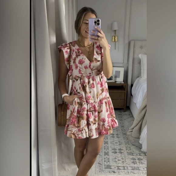 ABERCROMBIE & FITCH Floral Ruffle Tiered Mini Dress Pink Small - Picture 2 of 11